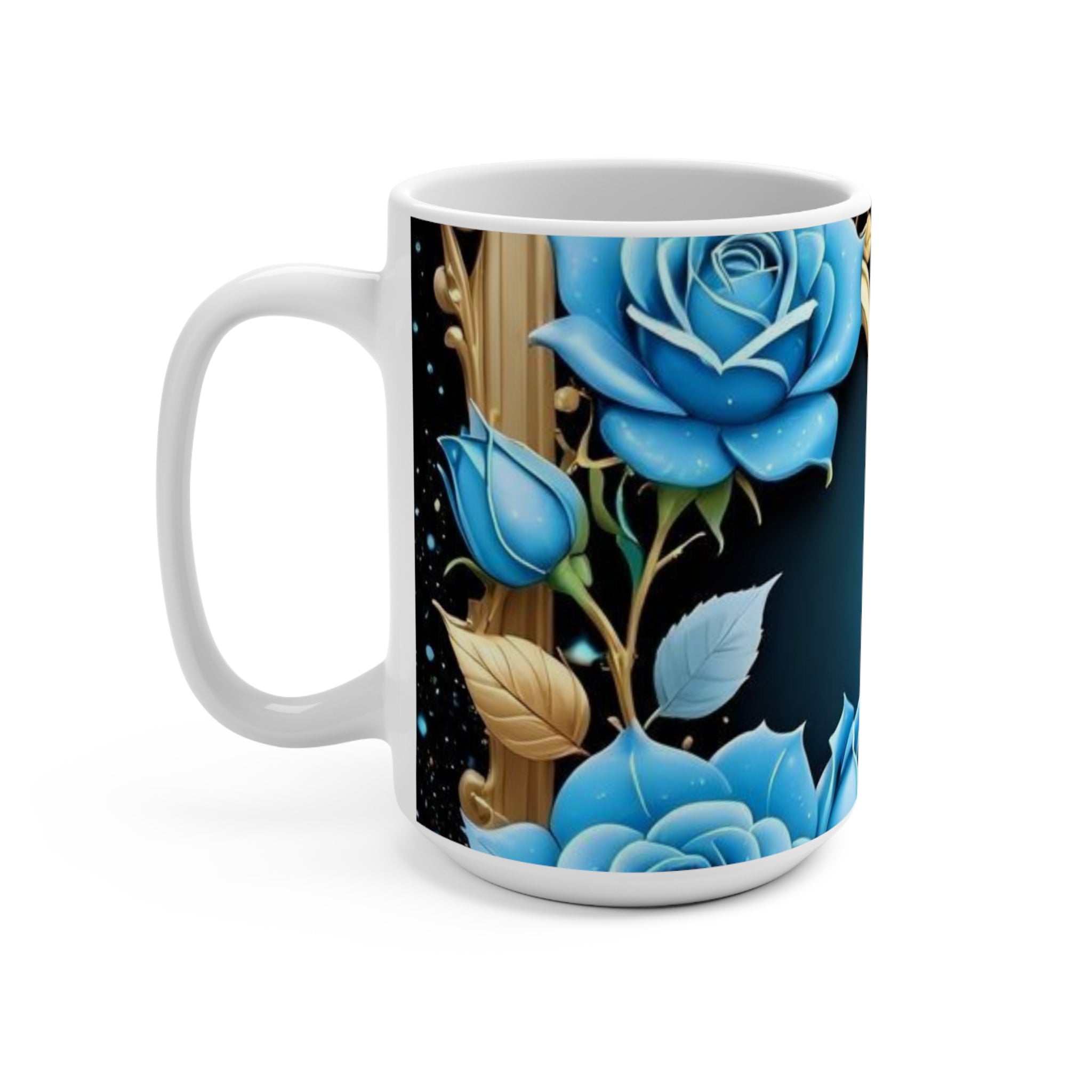 Elegant Blue Rose Luxury Mug – Gold Accent Floral Coffee Cup, Romantic & Stylish Gift